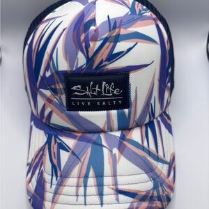 Salt Life Palm Leaf Trucker Cap in Blue and Pink